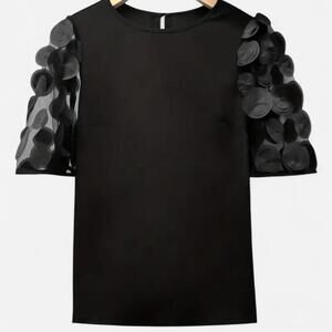 Black Statement Sleeve Blouse Women’s L Sheer Rosette Detail